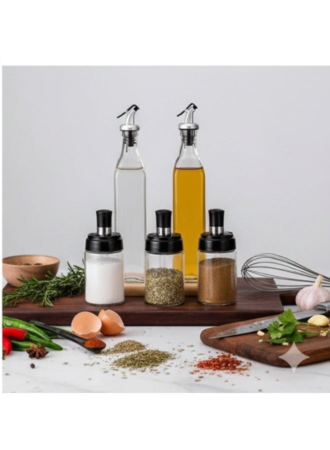 RR BRAND Set of 2 Oil & Vinegar Bottles (500 ml) and 3 Glass Spice Jars with Spoons – Clear Kitchen Storage Set - Image 4